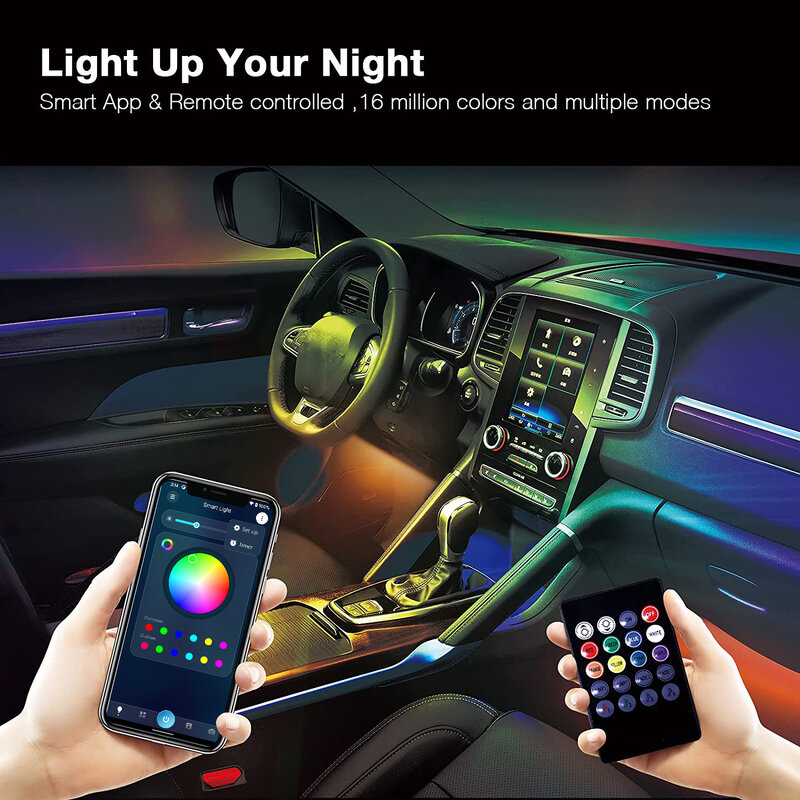 หลอดไฟตกแต่งภายในรถยนต์แบบ USB 5V RGB กันน้ำสำหรับตกแต่งแถบไฟ LED อัจฉริยะด้วยแอปควบคุมบรรยากาศในอุปกรณ์เสริมรถยนต์