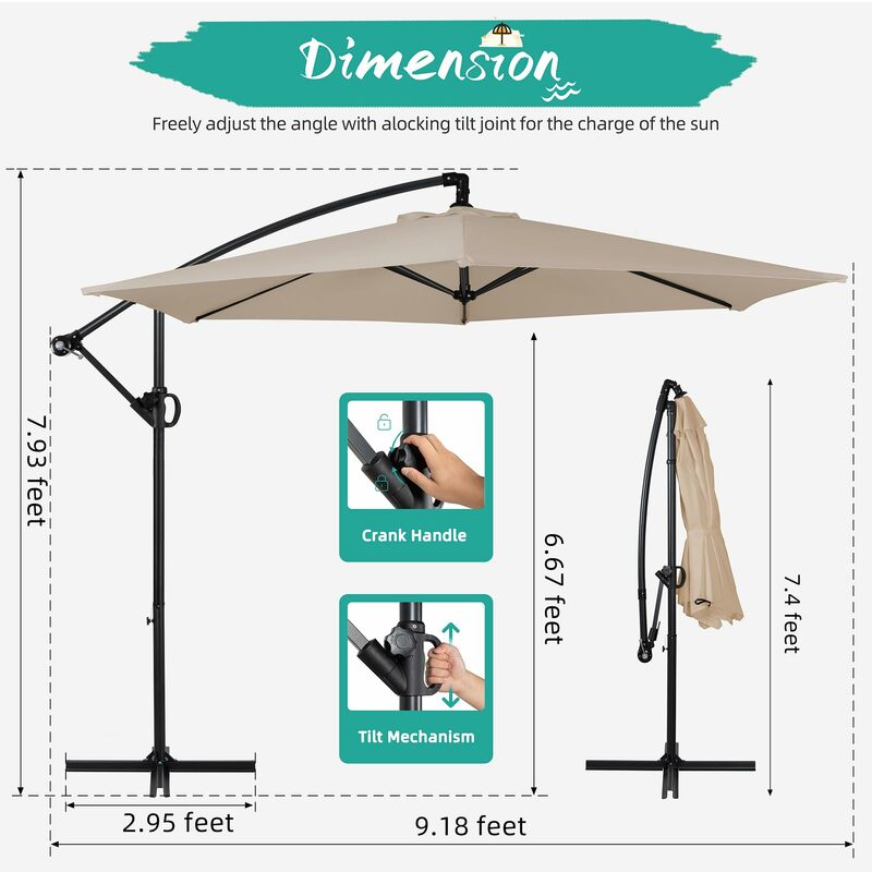 Patio Offset Umbrella w/Easy Tilt Adjustment,Crank and Cross Base, Outdoor Cantilever Hanging Umbrella with 8 Ribs, Khaki