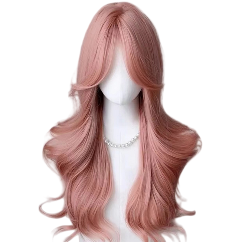 Różowa peruka damska długie faliste różowa Lolita Cosplay peruka słodka natura falowa opaska peruka syntetyczna