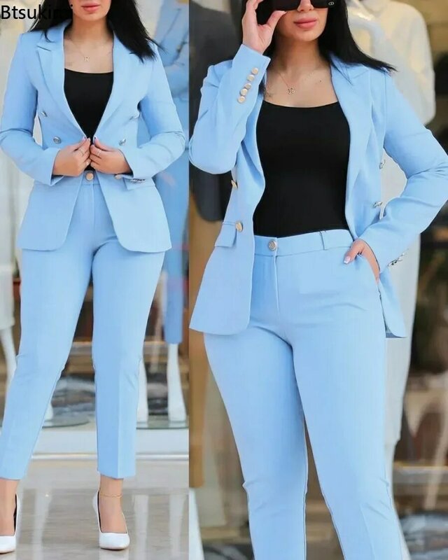 2024 Frauen Büro Business Hose Sets 2 Stück solide zweireihige Blazer Jacke und Hose Sets zweiteilige weibliche Hose Anzüge Set