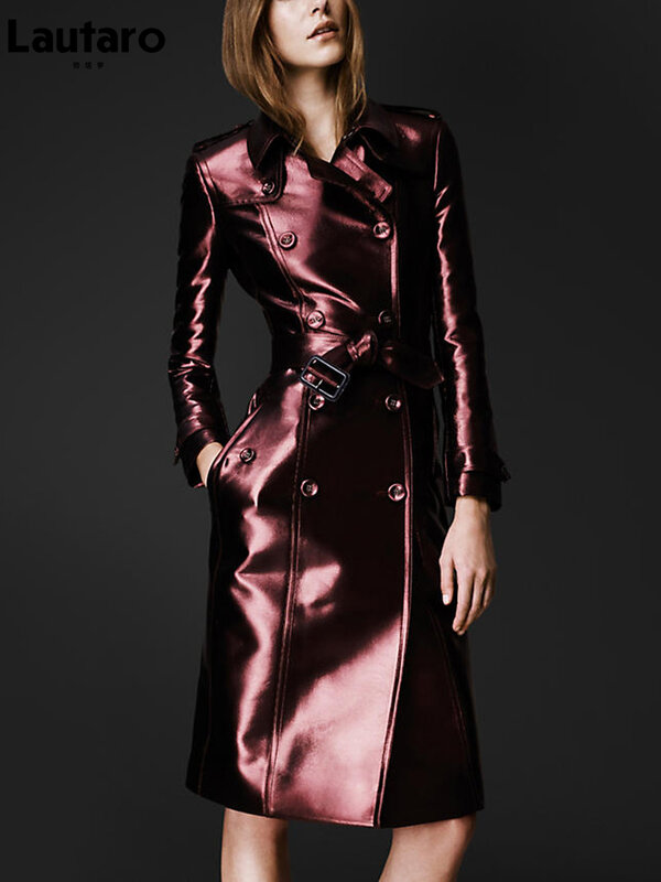 Lautaro trench coat reflexivo para mulheres, couro envernizado longo e brilhante, cinto de peito duplo, moda europeia legal, primavera e outono, 2022