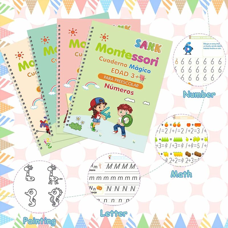 4 كتب كتاب الكتابة السحري باللغة الإسبانية دفتر الخط مونتيسوري للأطفال قابلة لإعادة الاستخدام التعليمية الخط لعبة الممارسة