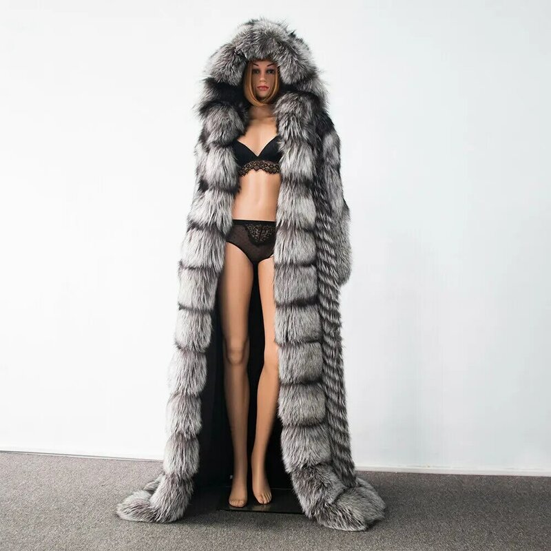 2022 inverno incrível casacos de pele superior grosso quente mais longo casaco de pele de raposa de prata com capuz maior qualidade impressionante