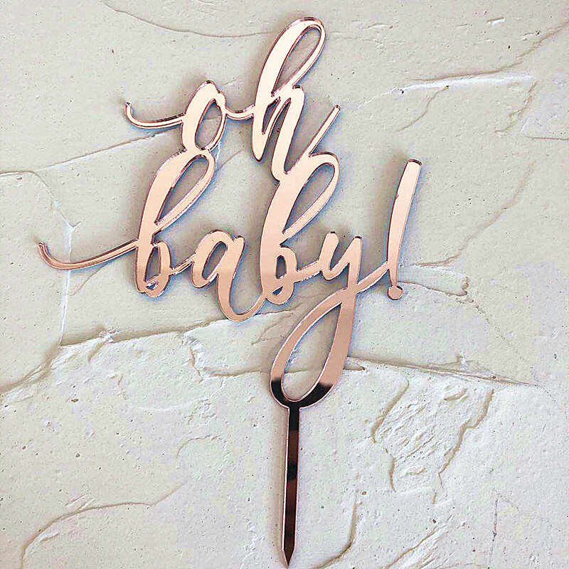 Oh Baby"Happy Birthday Cake Topper Gold Pink Acrylic Wedding Bride Party Cupcake Topper for Baby Shower Party Dessert Decoration