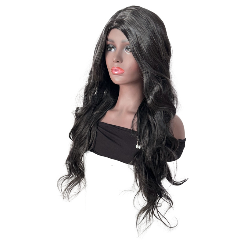 Peluca de cabello sintético con flequillo para mujeres negras, cabellera de fibra resistente al calor, largo, ondulado, parte lateral
