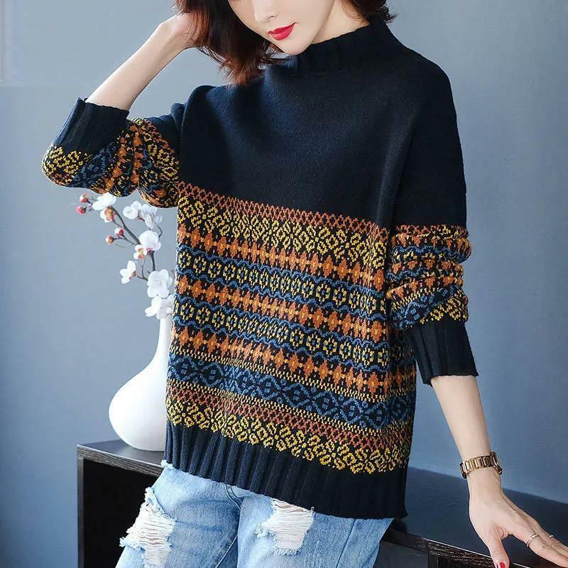 Women's Autumn Winter New Fashionable Simple Round Neck Long Sleeved Pullover Casual Versatile Loose Patchwork Commuting Tops