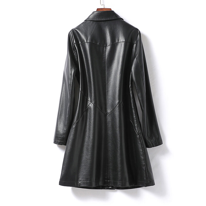 Julypalette L-5XL Midi panjang kulit asli mantel Trench wanita hitam lengan panjang tombol tertutup pakaian luar kulit domba wanita