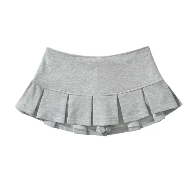HOUZHOU Women Terry Fabric Y2K Mini Skirt Wide Pleat Low Waist Grey A-line Sexy Pleated Skirt Vintage Preppy Skort Casual Summer