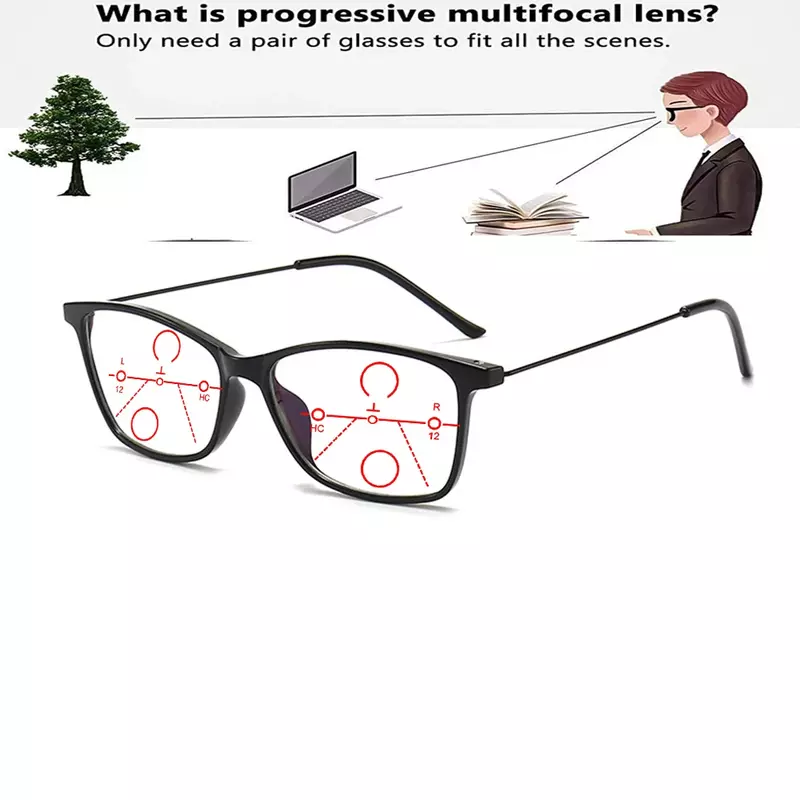 Retro Gafas de lectura multifocales progresivas con bisagras delicadas, marco rectangular, ultraligeras, cómodas, + 0,75 a + 4