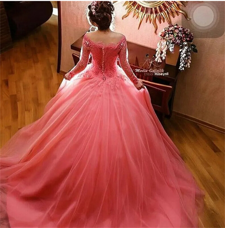 Elegant Off the Shoulder Hot Pink Wedding Dress with Color Long Sleeve Lace Appliques Bride Dresses Robe De Soirée De Luxe 2023