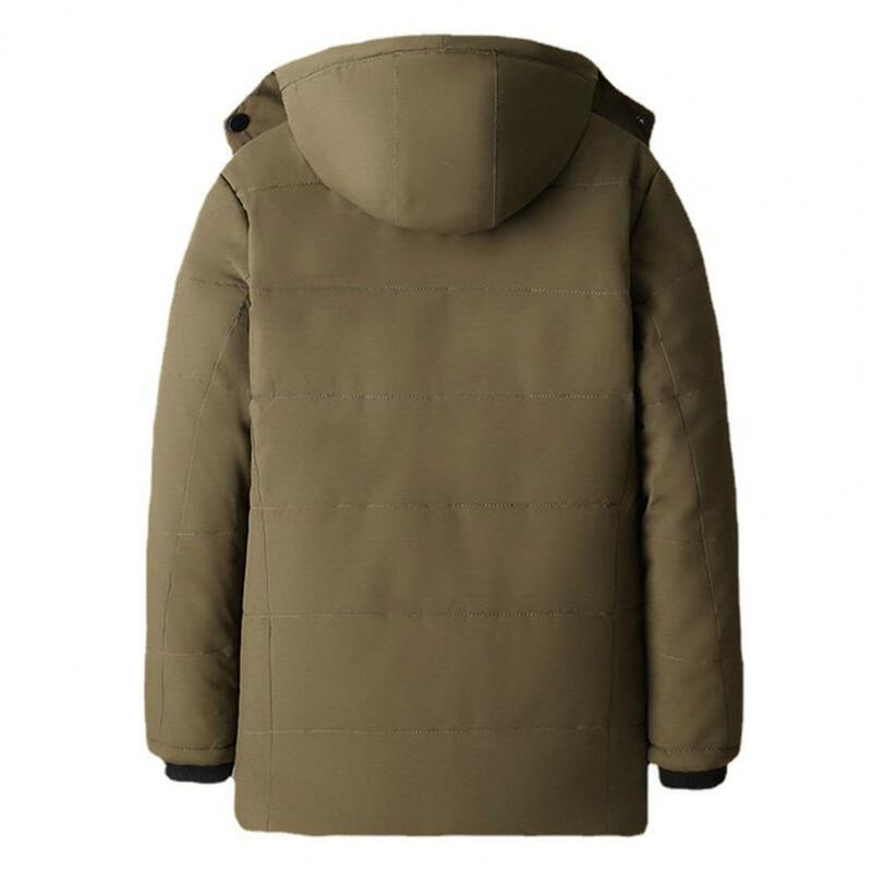 Jaqueta masculina de clima frio com punhos elásticos, capuz destacável, bolso macio, resistente ao frio, extra aconchegante, inverno