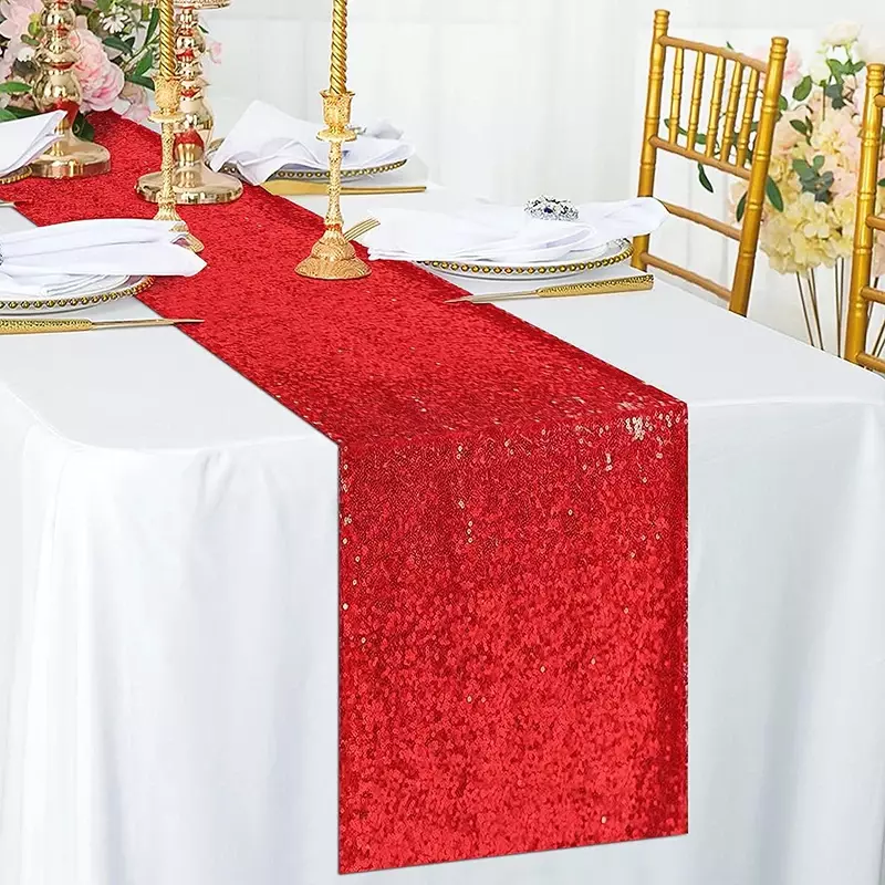 10pcs Red Sequin Table Runners Glitter Wedding Party Bridal Shower Birthday Christmas Thanksgiving Halloween Decoration Supplies