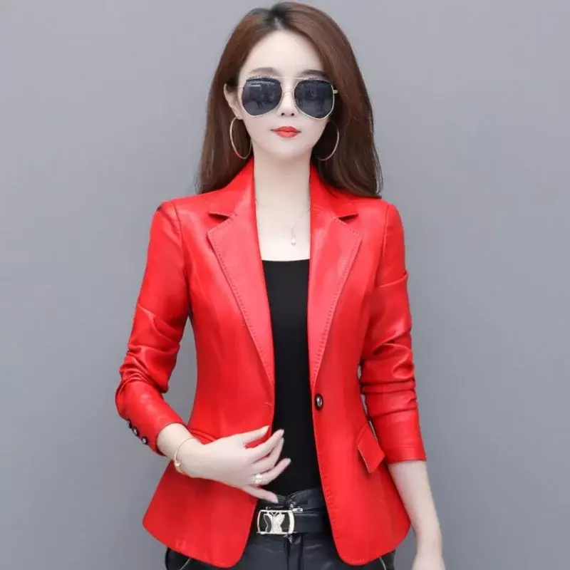 Blouson printemps en cuir véritable femme, décontracté et slim, à la mode coréenne, en peau de mouton, noir et rouge