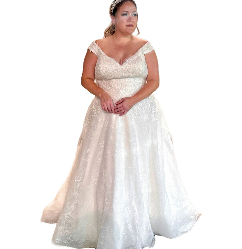 Vestido de novia de talla grande con cuello en V profundo, corte en A, marfil, encaje, Sexy, ZJ05, 2023
