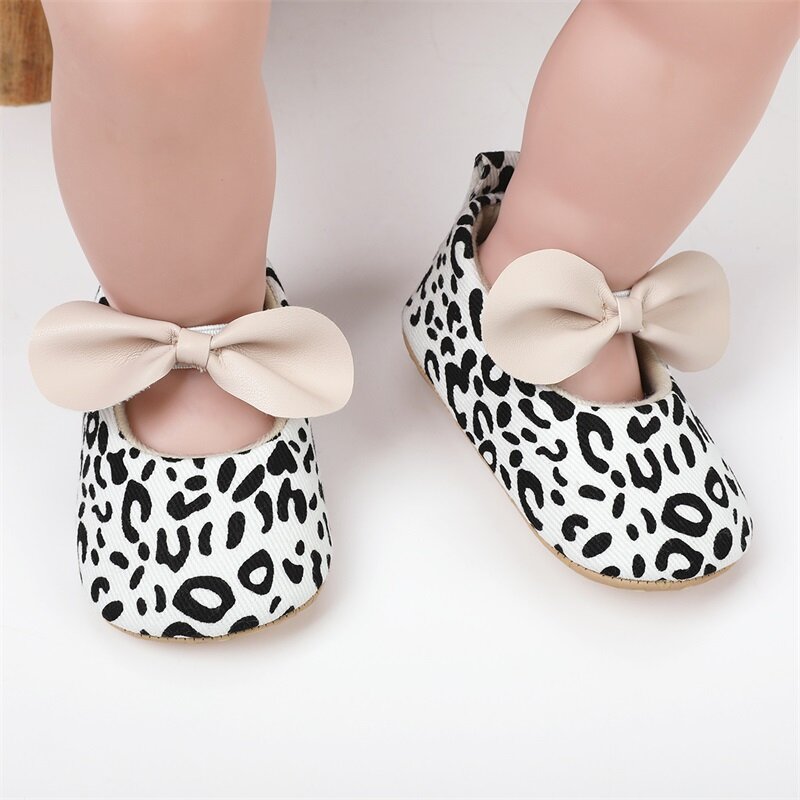 Moda neonate Mary Jane Flats scarpe eleganti da principessa con fiocco antiscivolo scarpe da culla leopardate per neonati