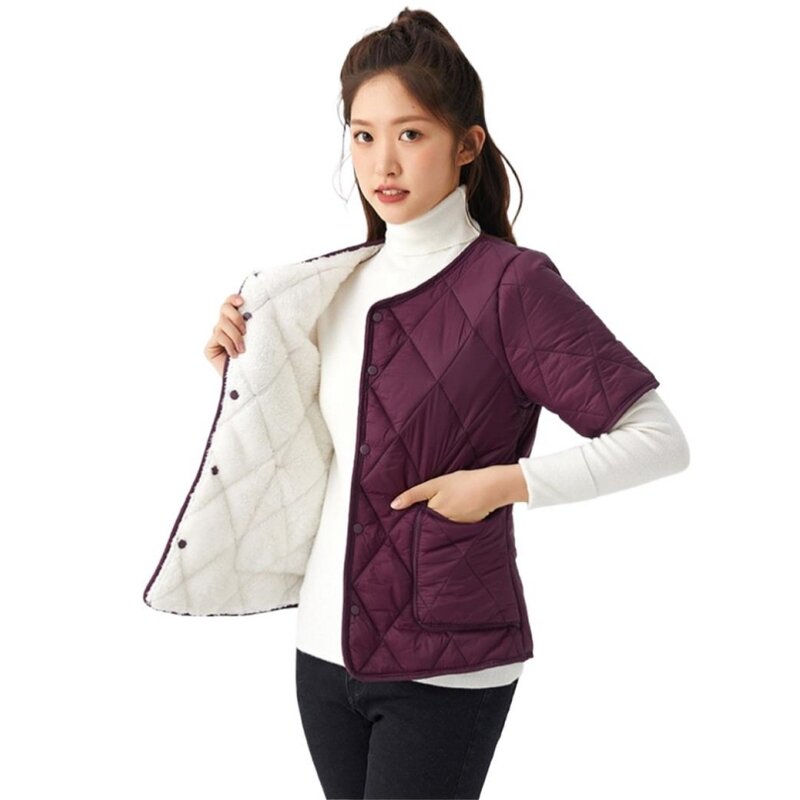 Casaco feminino de lã de manga curta, jaqueta simples, casaco quente de peito único, algodão feminino, outono, inverno, 2024
