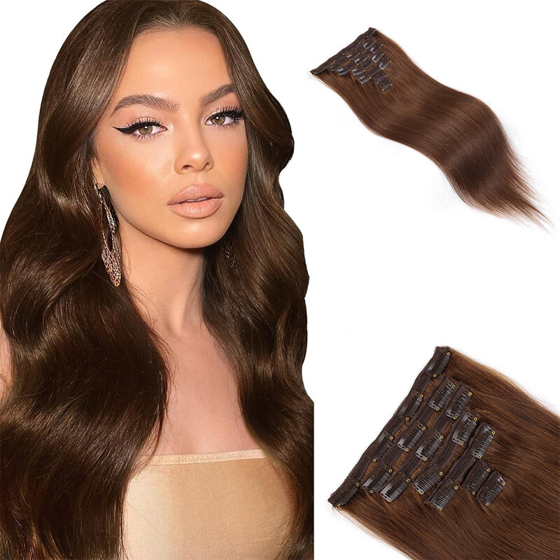 Clipe reto brasileiro em extensões de cabelo, cabelo humano, cor marrom chocolate, trama de pele, sem costura, invisível, 100% cabelo remy