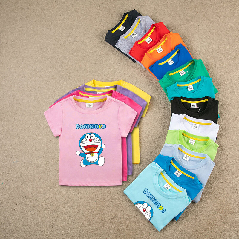 Doraemon-T-shirt à manches courtes pour enfants, vêtements pour enfants, imprimé dessin animé, loisirs d'été, col rond, pur coton, Kawaii, filles, Y