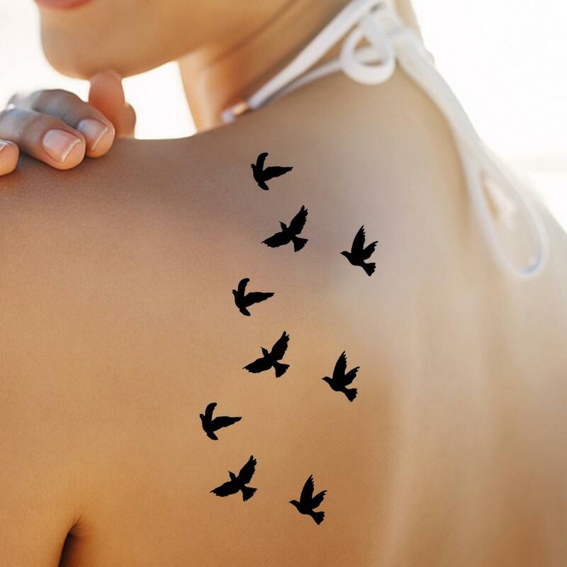 Stiker tahan air uniseks, stiker tato hitam dapat dilepas seni badan seksi Transfer burung terbang untuk uniseks