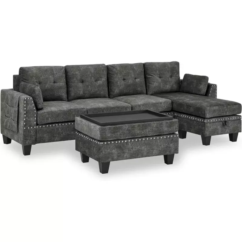 Juegos de muebles de sala de estar, sofá seccional con otomano de almacenamiento, 2 almohadas en forma de L y Chaise Reversible Extra ancho, tapizado C