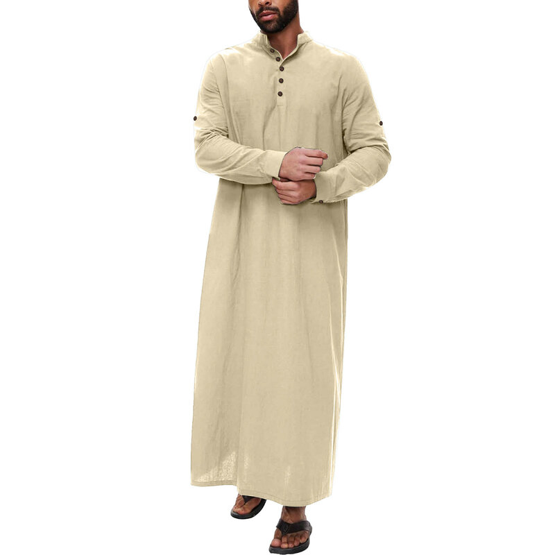 Jubah Muslim pria gaya Arab Timur Tengah sederhana dengan desain kancing celah samping lengan panjang jubah Islam Arab Dubai