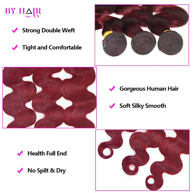 Borgonha Body Wave Hair Bundles, 100% Cabelo Humano, Colorido Brasileiro Remy Hair Extensions, Raw Weave, 26 ", 99J, 1 Pc, 3 Pcs, 4 Pcs