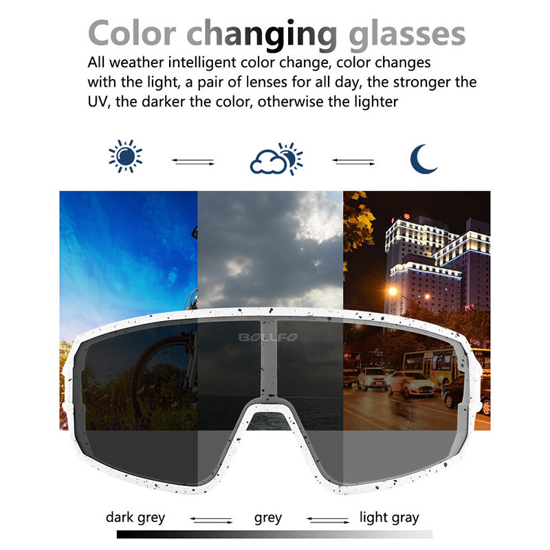 BOLLFO Set kacamata bersepeda terpolarisasi, kacamata olahraga bersepeda pintar, kacamata berubah warna