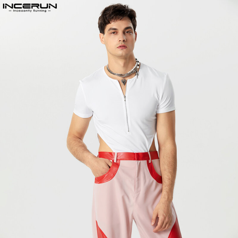 INCERUN 2023 Sexy Fashion Men's Jumpsuits Stylish Zipper Design Bodysuit Casual Male Solid All-match Short Sleeve Rompers S-5XL