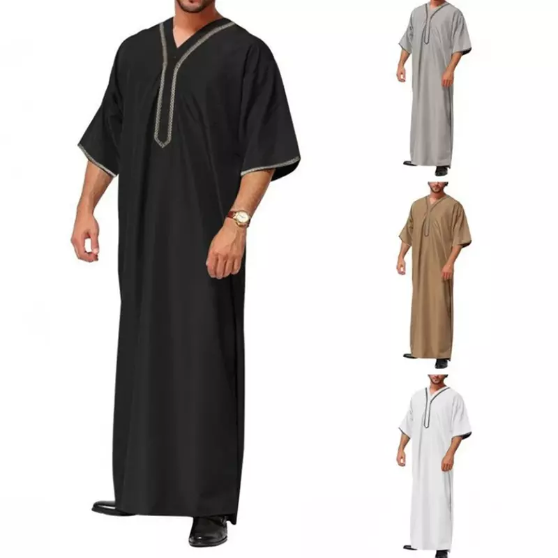 Effen Kleur V-Hals Moslim Mannen Jubba Thobe Retro Knoop Kimono Half Mouw Gewaad Saudi Musulman Shirt Islamic Arabic Kaftan Abaya