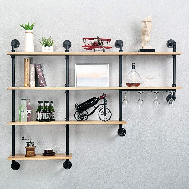 4-Tiers 63inch Industrial Pipe Shelving,Rustic Wooden&Metal Floating Shelves,Home Decor Shelves Wall Mount with Wine Rack