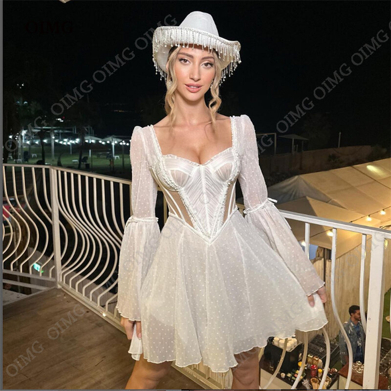 OIMG-Mini vestido de noiva curto chiffon para mulheres, vestido sexy, mangas compridas, robe do querido da praia