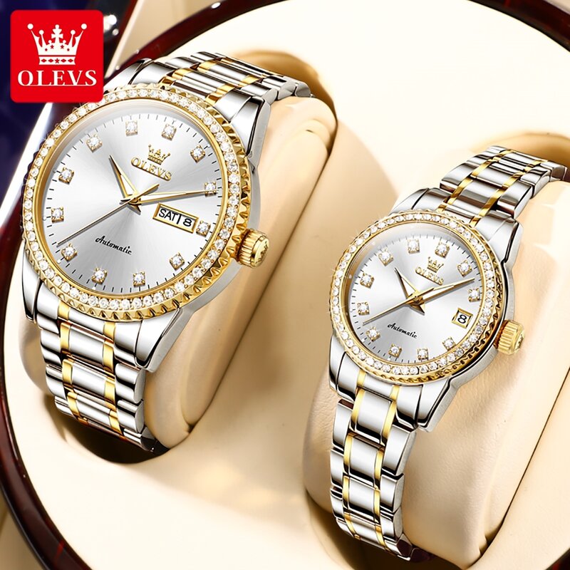 OLEVS New Couple orologio meccanico per uomo donna moda acciaio inossidabile impermeabile settimana data orologio da polso automatico con diamanti di lusso