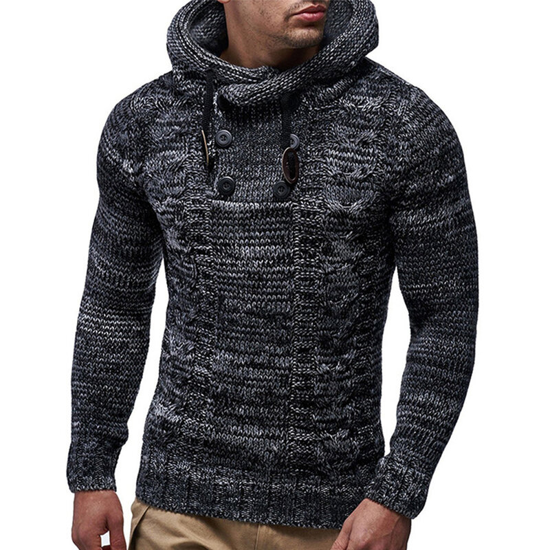 Men Autumn Winter Warm Thickened Slim Knitted Hoodie Long Sleeve Jacket Turtleneck Pullover Solid Casual Male Sweater Hooded