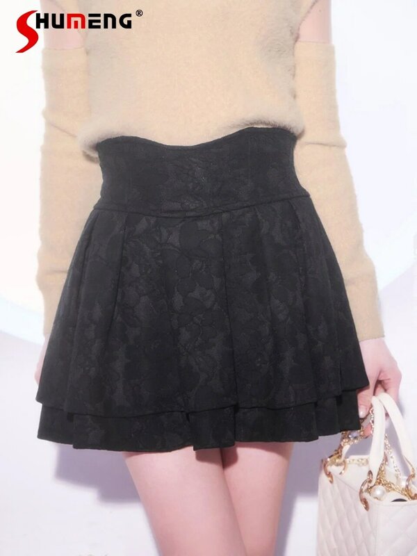 Японские Классические черные юбки для женщин, Новинка лета 2024, Милая женская композитная кружевная ткань с темным узором, юбка-брюки с радиальной талией