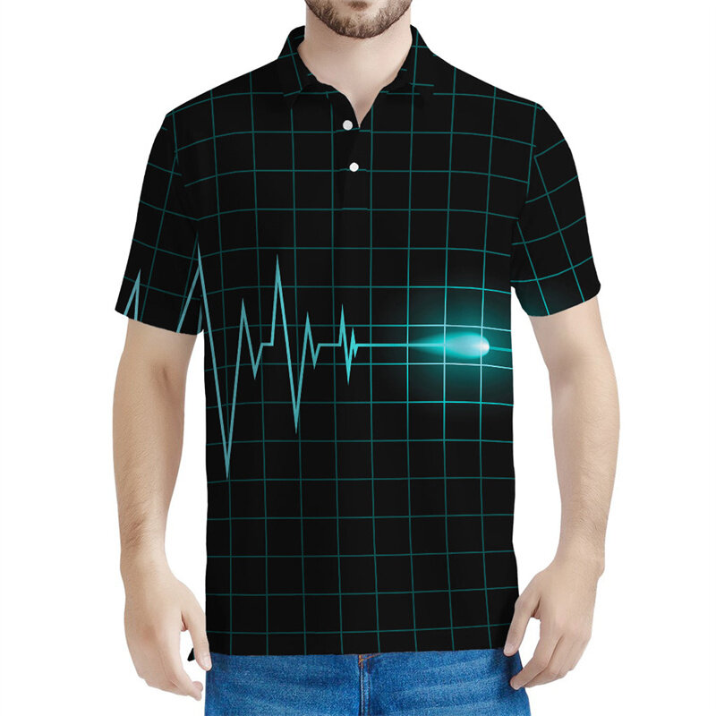 Модная рубашка-поло с 3D-принтом сердцебиения для мужчин, футболки с короткими рукавами с лацканами, повседневные уличные свободные рубашки-поло