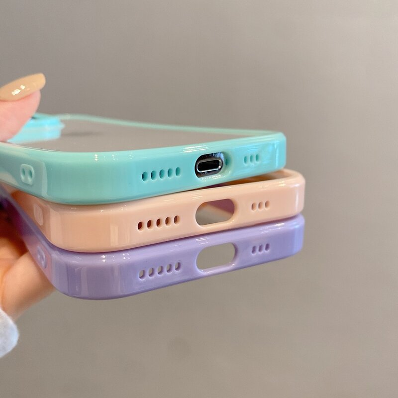 เคสโทรศัพท์บั๊มเปอร์โปร่งใสสีลูกกวาดสำหรับ iPhone 15 14 13 Mini 12 11 PRO MAX XR XS x 7 8 PLUS SE3ปกหลังกันกระแทกแบบนิ่ม