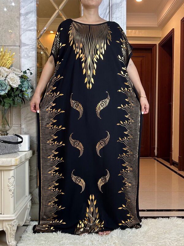 Vestido maxi de algodão com cachecol grande para mulheres, manga curta, estampagem dourada, roupas islâmicas, solta africana, boubou, verão, 2023
