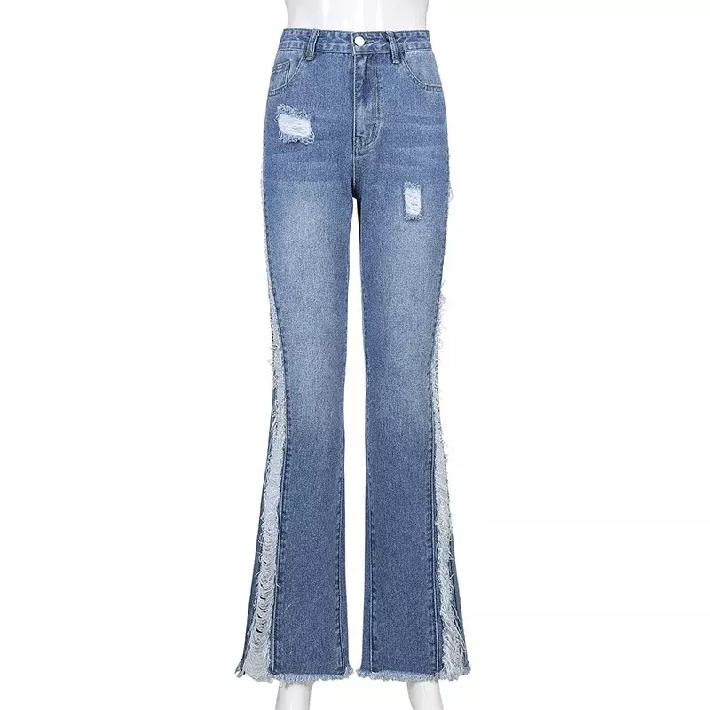 Skinny Y2K Flare Jeans Vintage Hole Ripped Denim Pants Female Fashion 2024 Spring Women's High Waisted Trouser Harajuku Capris