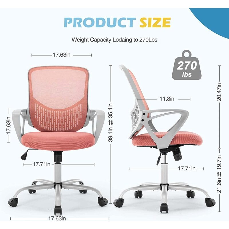 Jhk ergonomische Büro Home Desk Mesh feste Armlehne, Executive Computer Stuhl mit weichem Schaumstoff Sitzkissen und Lordos stütze, rosa