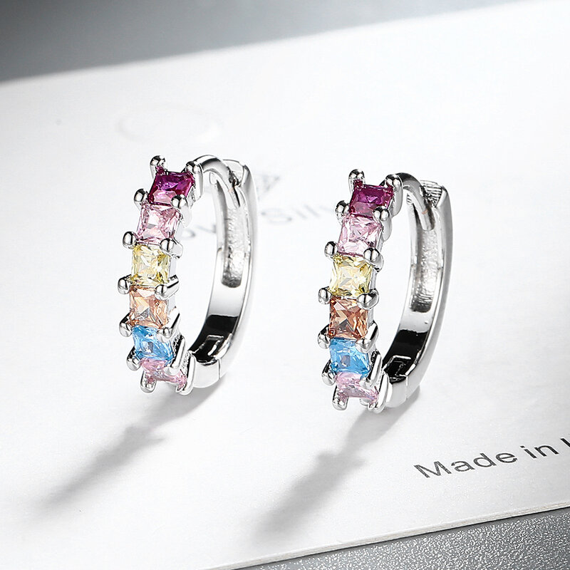 925 Sterling Silver Geometric Rainbow Zircon Crystal Hoop Earrings for Women Female Jewelry Wedding Party Gift Aretes De Mujer