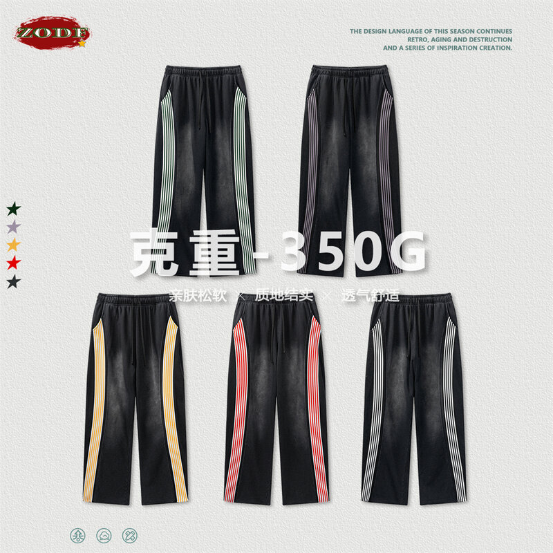 ZODF New Spring Men Ribbon Straight Pants Unisex Casual 350gsm 100% Cotton Basic Loose Sport Trousers Streetwears HY0837