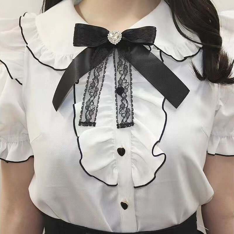 Lolita blus semua cocok modis wanita musim panas Jepang Y2k atasan bahu terbuka lucu manis kaus busur berkerut estetika