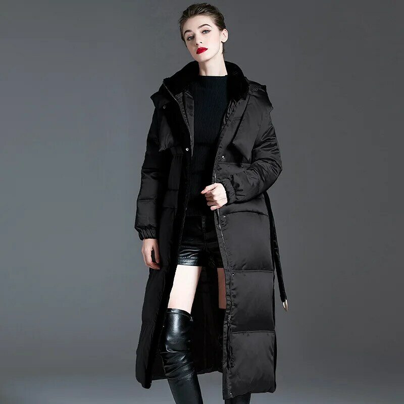 Abrigo largo con capucha para mujer, abrigo de plumón de pato blanco, ropa de nieve cálida, moda de invierno, 2023