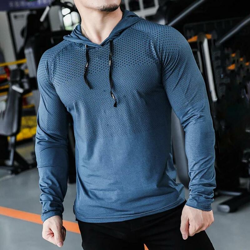 Jaqueta masculina com capuz, blusa esportiva de manga comprida, alta elasticidade, secagem rápida para jogging, desempenho, top de faixa