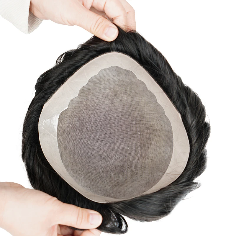 Wig rambut manusia untuk pria, Wig NPU halus gaya Eropa, rambut palsu Hai manusia, Wig sistem pengganti PU untuk pria