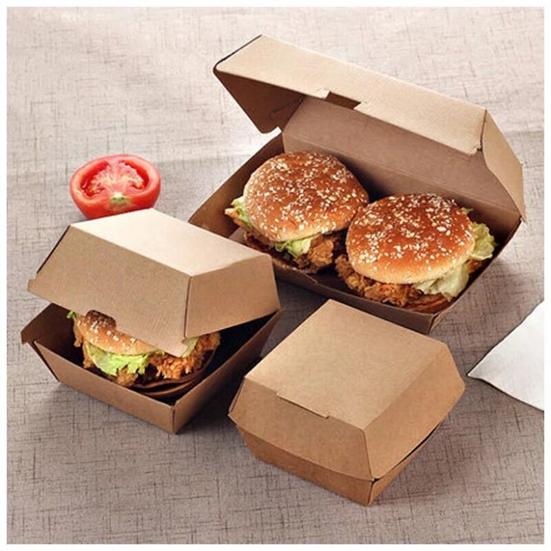 Caja de cartón desechable de grado alimenticio, embalaje personalizado para llevar hamburguesas, papel Kraft