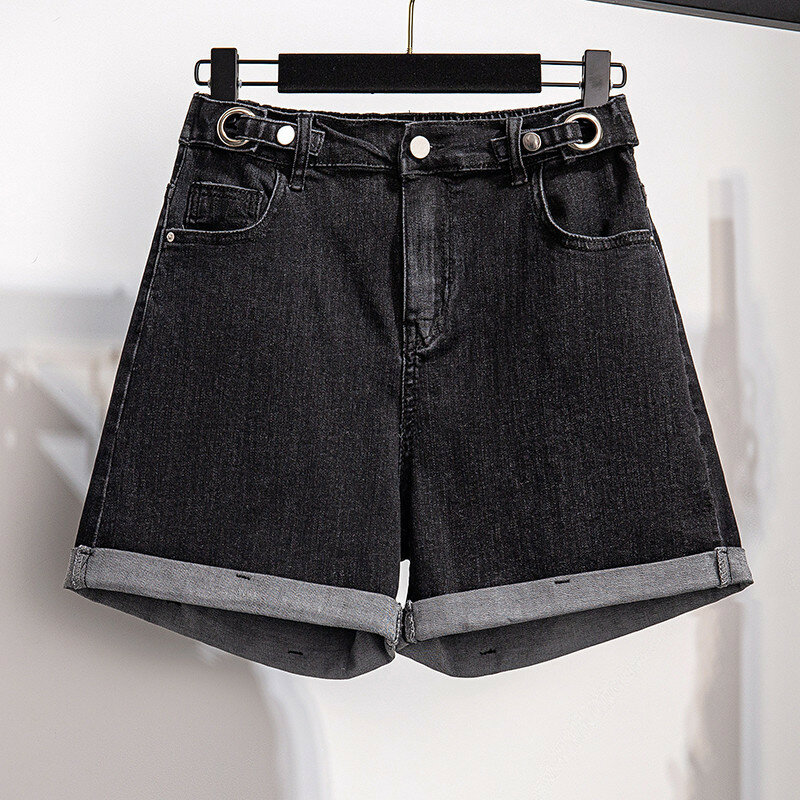 Shorts jeans de algodão preto e azul solto feminino com bolso, calças quentes para senhoras, grandes, plus size, 3XL, 4XL, 5XL, 6XL, 7XL, novo, verão, 2023