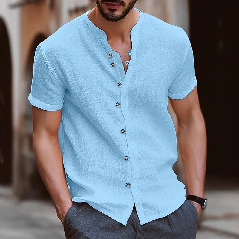 Рубашка мужская с воротником-стойкой, хлопково-Льняная блуза с короткими рукавами, Повседневная пляжная одежда в стиле ретро, однотонная, на лето