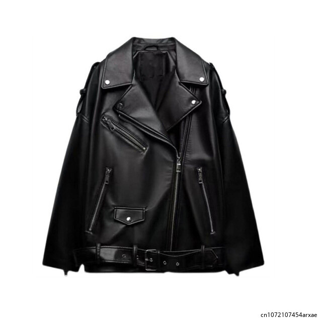 Chaqueta de cuero sintético para mujer, abrigo informal con cinturón, color negro, blanco pesado, ropa elegante, novedad de 2023