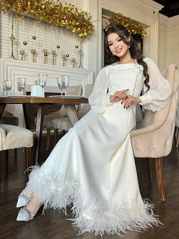 Elegant Evening Dresses Arabic Caftan Long Sleeve Feather Party Dress robes de soirée Saudi Special Special Occasion Dresses